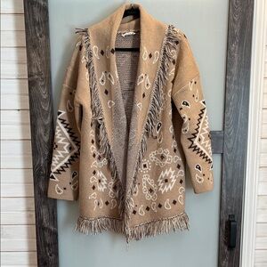 Chic Tan Patterned Women's Cardigan with Fringe